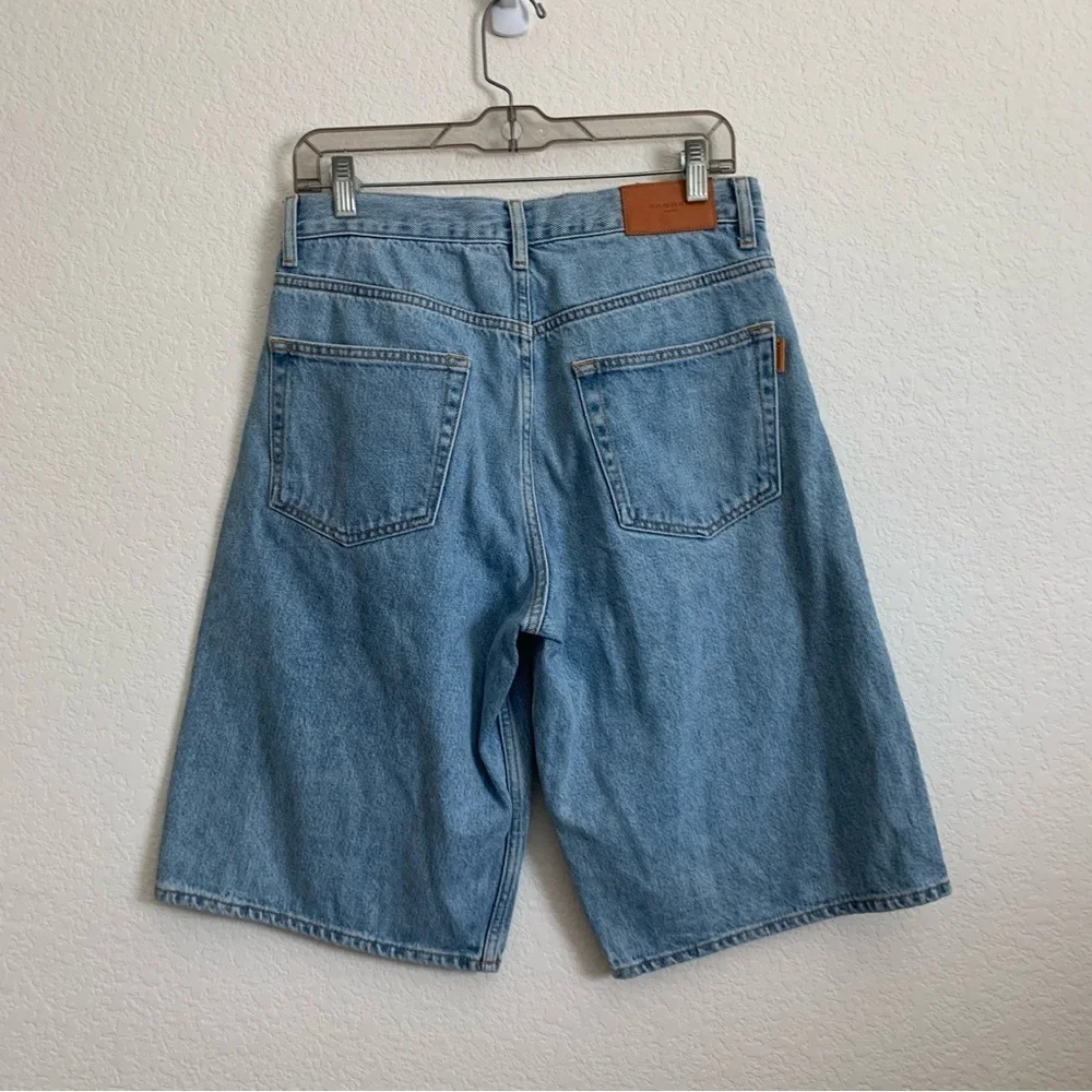 Sandro Paris womens Blue Button Long Bermuda Denim Shorts with dangly details 30